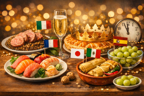 Uvas verdes, lentilha a caixa recheada de frutos do mar, os rituais de ano-novo pelo mundo