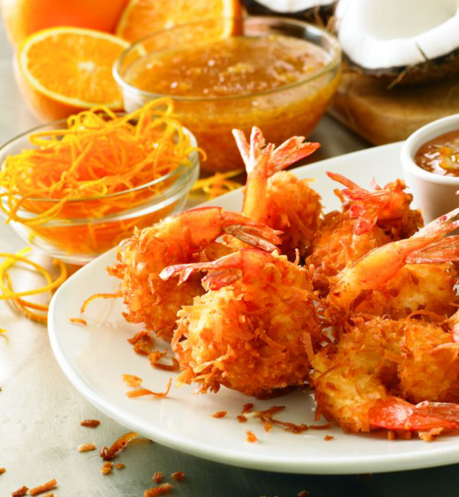 A Gold Coast Coconut Shrimp é uma porção de seis camarões com temperos e coco fresco ralado. Foto: Divulgação