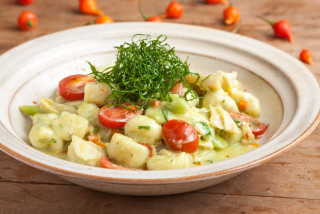 Nhoque de taioba com bacalhau e tomate confit. Foto: Fernando Zequinão/Gazeta do Povo