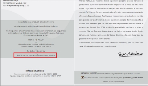 Beto Madalosso coloca no menu que “políticos corruptos não são bem-vindos” e viraliza no Facebook