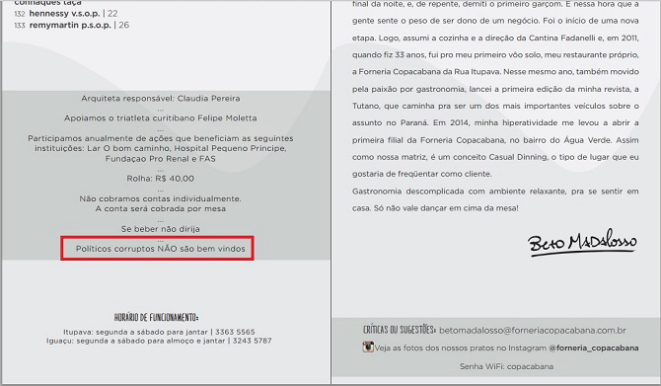 Cardápios do Forneria Iguaçu e do Forneria Copacabana lançam um alerta aos políticos corruptos. Foto: Reprodução.