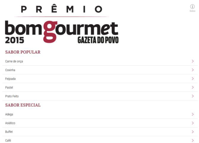 Interface do aplicativo do Prêmio Bom Gourmet 2015. Imagem: Reprodução.