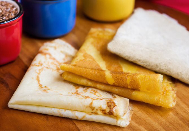 Massas de crepe do Ticiano, da esquerda para direita: convencional, sem glúten e integral. Foto: Divulgação