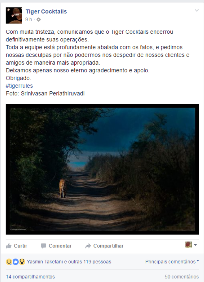 Comunicado na Página oficial do Tiger Cocktails. Reprodução Facebook.