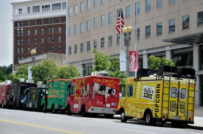WASHINGTON DC - MAY 19 2016: A food truck is a large vehicle equipped including ice cream trucks, sell frozen or pre packaged food; others have on-board kitchens and prepare food from scratch.