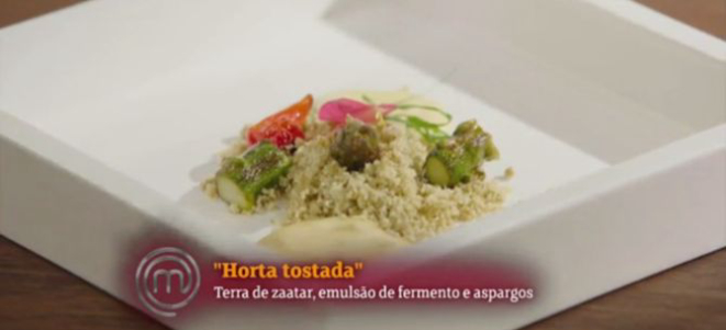 Horta tostada, prato de Marcelo Verde. Imagem: Reprodução/Band