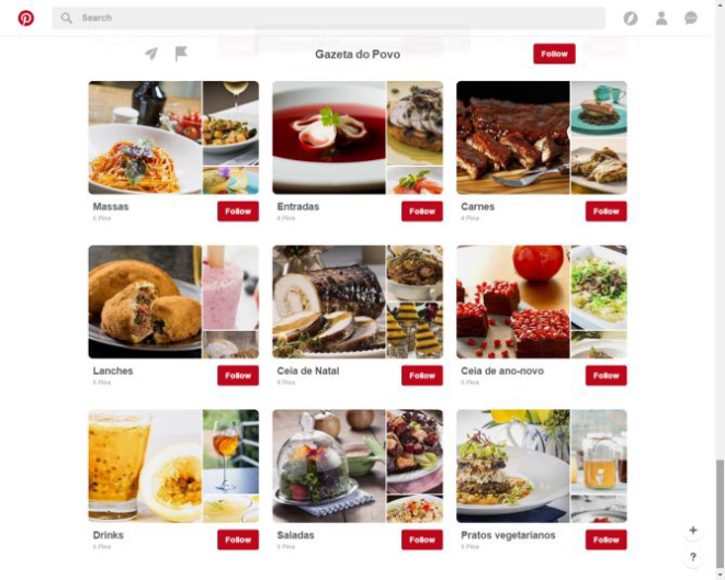 Boards de gastronomia têm seleção de receitas por tema: massas, drinks e preparos rápidos são alguns deles. Foto: Reprodução/Pinterest.
