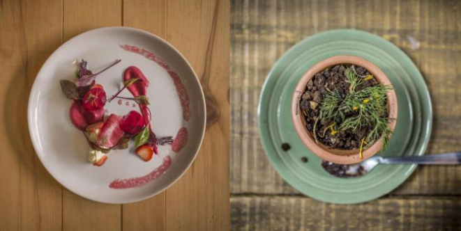 Entrada de beterraba com vinagrete de hibisco e sobremesa "Terra, com alecrim, matchá, camomila e lavanda. Foto: Munir Bucair Filho/Divulgação