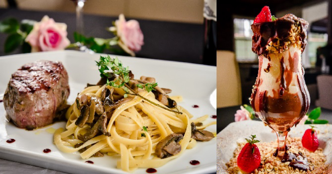 Segundo prato (medalhão de mignon grelhado servido com tagliatelle ao funghi) e sobremesa (tazza della nonna) do menu para Dia dos Namorados. Foto: Priscilla Fiedler