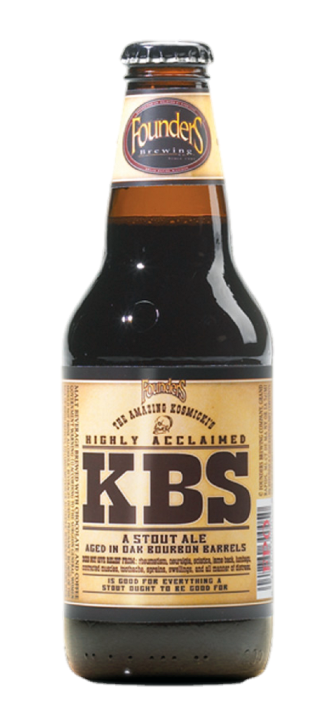 Founders KBS<br>Estilo: Bourbon Barrel Aged Stout<br>Embalagem: 355ml<br>Teor Alcoólico: 12,4 %<br>Origem: Estados Unidos<br>Preço: R$ 39,90 até R$ 65