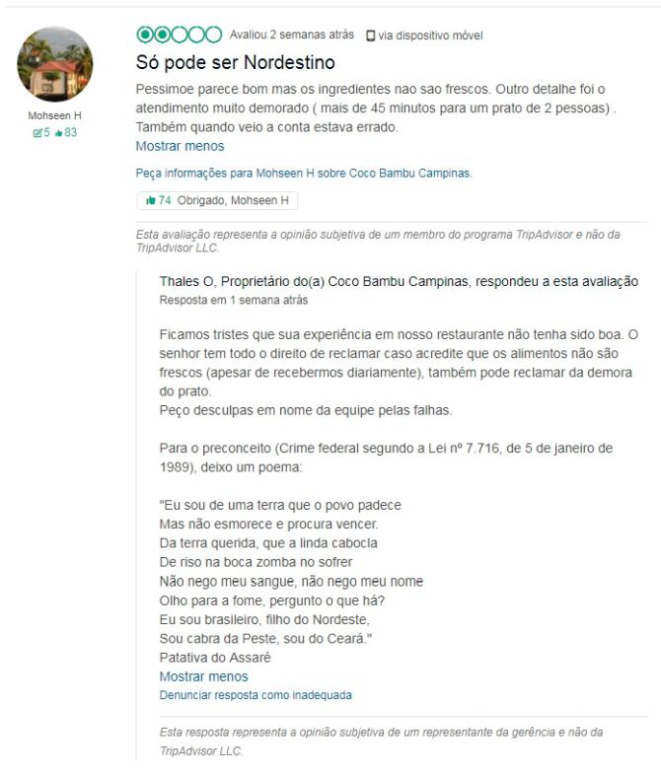 Resposta de Thales Osterne ao comentário de um cliente da unidade de Campinas da Coco Bambu. Imagem: Reprodução/Trip Advisor