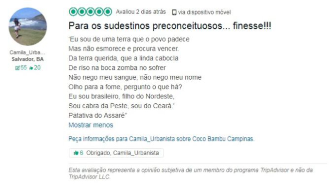 A resposta do sócio da Coco Bambu recebeu apoio de uma internauta. Imagem: Reprodução/Trip Advisor