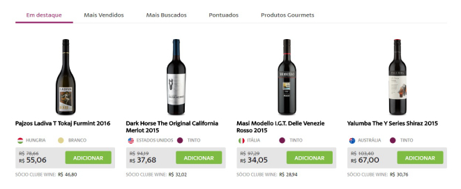 Destaques na página da wine.com.br com descontos para o dia 25 de maio. Imagem: Reprodução