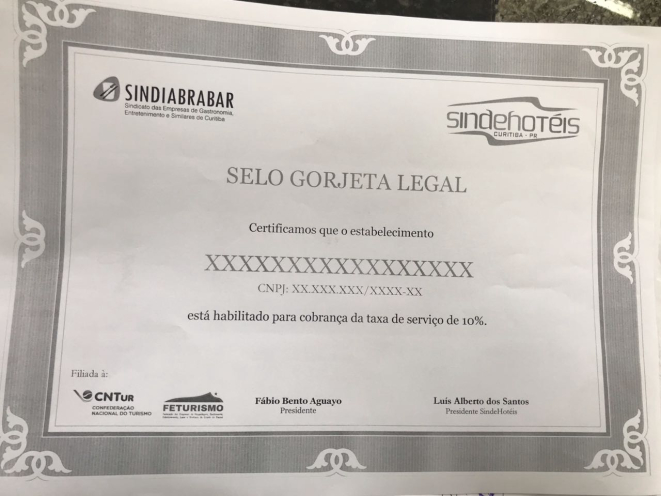 Selo Gorjeta Legal será exposto nos estabelecimentos. Foto: Divulgação.