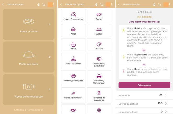 A tela do aplicativo oferece as opções de escolher um prato já pronto ou montar o próprio, e ainda sugestões curiosas de harmonização. Foto: redação.