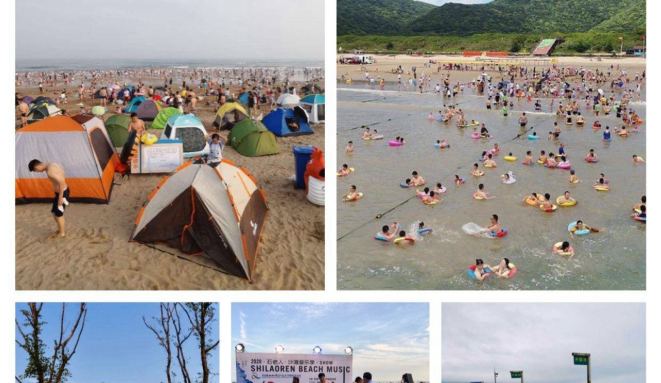 Barracas de camping, milhares de bóias coloridas em formato de donuts, picnics em família e entre amigos dão alegria, cor e identidade as praias de Qingdao.