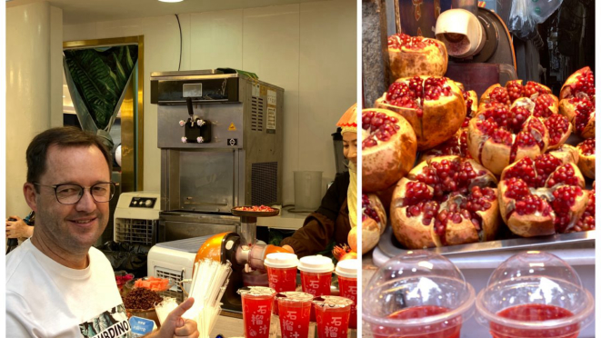 Suco de romã preparo na hora, fresquinho, fresquinho mata a sede na caminhada, por segundos nos tira da China e nos remete a Turquia. Bom demais!