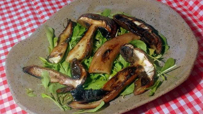 Cogumelos Porcini fatiados e grelhados na manteiga, servidos sobre salada de rúcula. Menos é mais. 