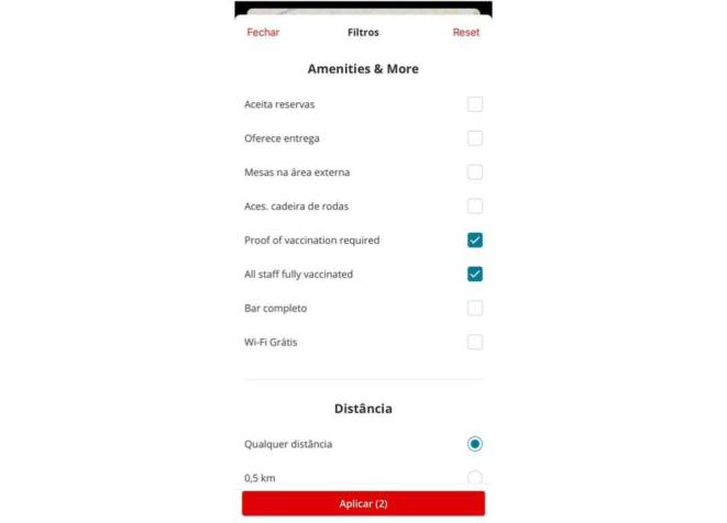 Enquanto que a versão brasileira já oferece as opções nos filtros de busca, mas não foram encontrados restaurantes utilizando-as.