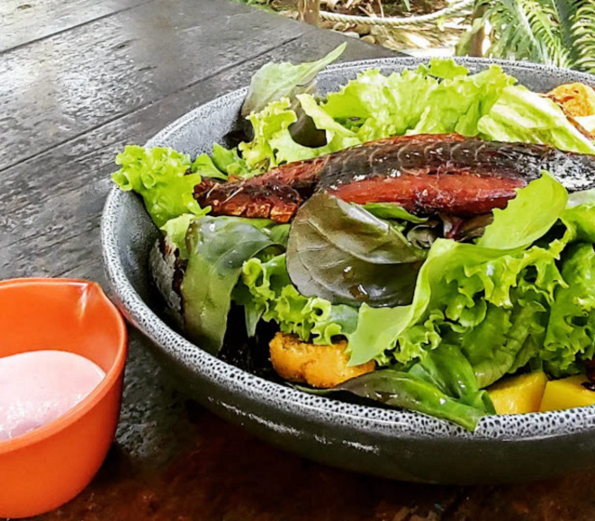 Salada seu Juca, elaborada com folhas, tomates e cambira desfiada. 