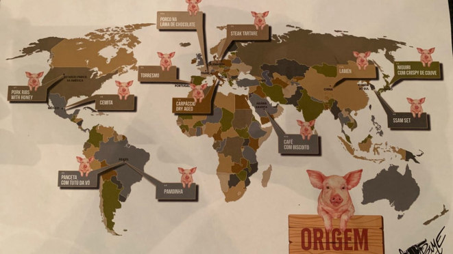 Um mapa apresenta todos os países de onde saíram os pratos com carne suína na Bull Prime. 