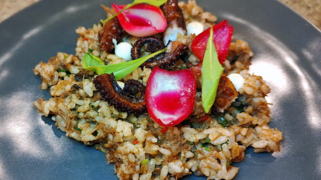 Arroz meloso de costela e polvo. 