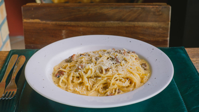Spaguetti à carbonara do Casa Itália.