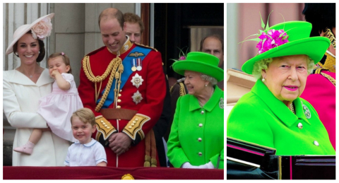 Princesa Charlotte estreia no balcão de Buckingham e rainha arrasa no “color blocking”