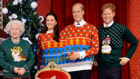 Museu de cera veste família real britânica com suéteres de Natal