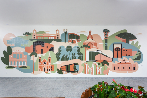 Instalado na prefeitura, mural da artista Kamylla Flores retrata símbolos da cidade