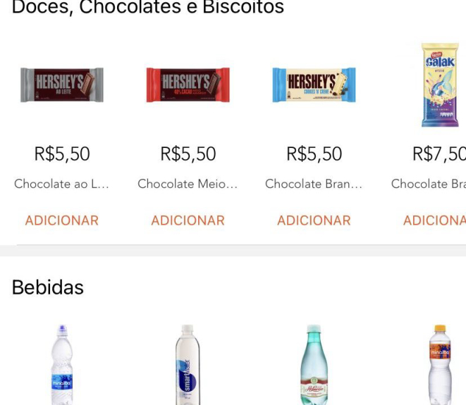 Reprodução da loja virtual de um supermercado no aplicativo, com produtos já previamente cadastrados, mas é possível inserir outros com fotos e descrições.