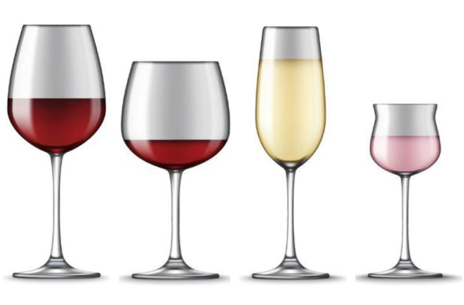 Tipos de taças, da esquerda para a direita: Bordeaux (a mais padrão), Borgonha, Flute e Porto.