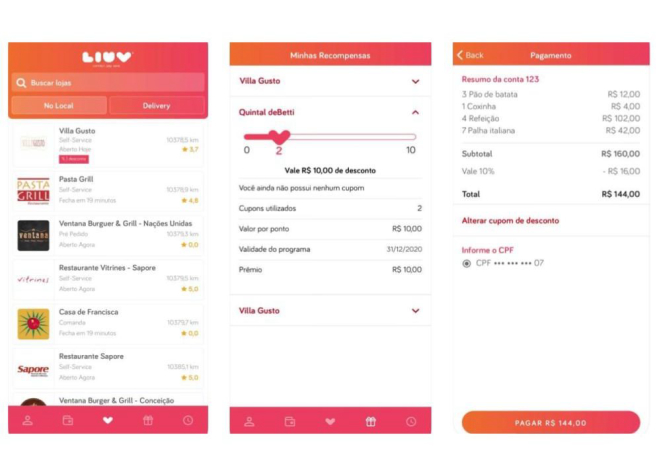Telas do aplicativo Liuv, que permitem acessar o cardápio virtual, soluções de fidelização, pagamento de comandas, entre outros.