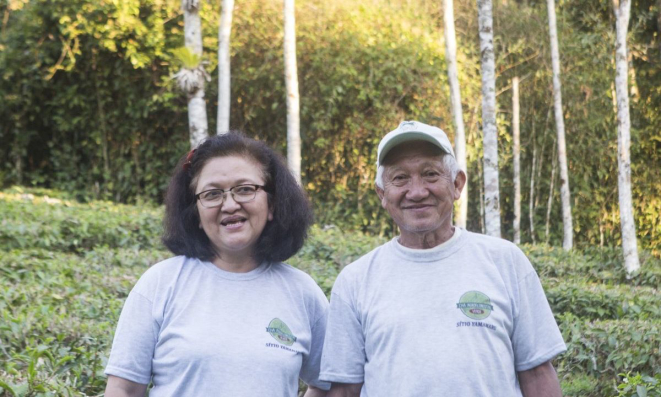 Sítio Yamamaru, dos irmãos Miriam e Kazutoshi, recebe turistas para a colheita e produção de chás na região Caminhos da Mata Atlântica.
