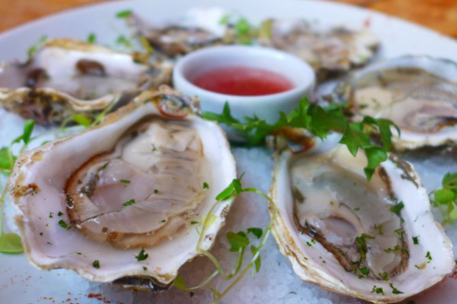 Combo de ostras e champanhe no almoço do Olivença. Foto: divulgação.