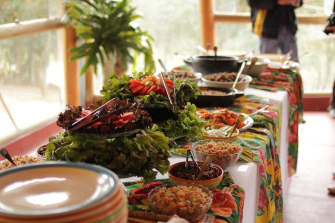 Buffet com alimentos orgânicos preparados por Amanda Marfil na propriedade da família, em Bocaiúva do Sul. Foto: Carlos Felipe Urquizar Rojas/Arquivo pessoal