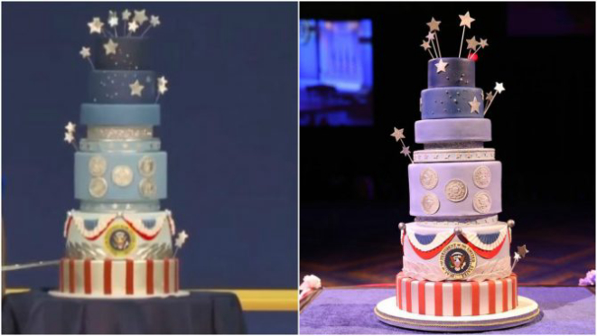 À esquerda, o bolo feito para Donald Trump e à direita, o criado em 2013 para Barack Obama. Foto: reprodução Instagram e Youtube.