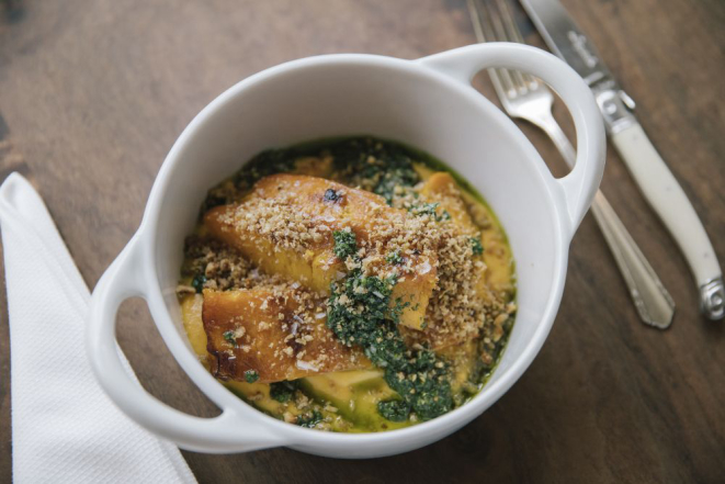 Dominique Crenn's caramelized winter squash with pumpkin seed persillade, at Atelier Crenn in San Francisco, Feb. 4, 2017. Five years ago Crenn was just another hardworking Bay Area chef running a small, ambitious restaurant. (Matt Edge/The New York Times)