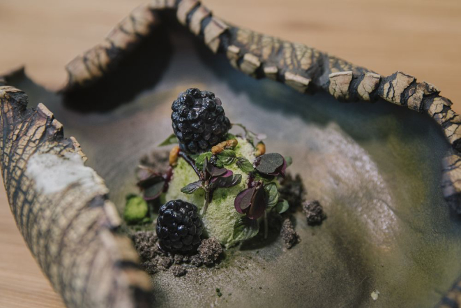 Chef Dominique Crenn's The Forest, a riot of small sweets served on tree bark and designed to evoke a forest floor, in San Francisco, Feb. 4, 2017. Her food is unapologetically artsy, personal and sometimes risky. (Matt Edge/The New York Times)