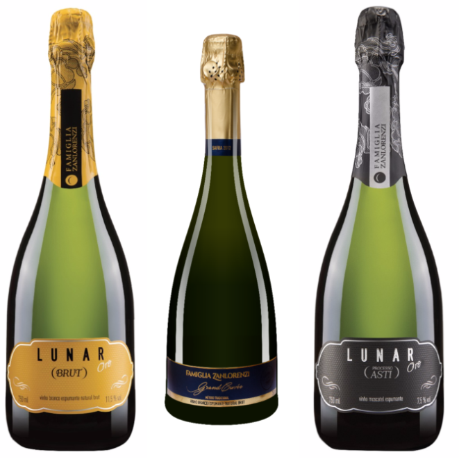 Da esquerda para a direita: Lunar Oro Asti (R$ 36,90), Grand Cuvée (R$ 95) e Lunar Oro Brut (R$ 36,90). Foto: Divulgação