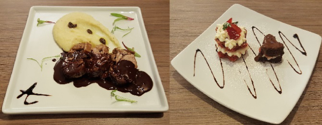 Cordeiro com salsa de chocolate picante e purê de batatas trufado (esquerda) e mini naked cakes de chocolate de red velvet. Foto: Divulgação