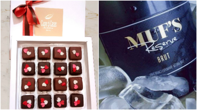 Kit para o Dia dos Namorados tem uma caixa de chocolates da Cuore di Cacao e uma garrafa de espumante Muf's Brut.