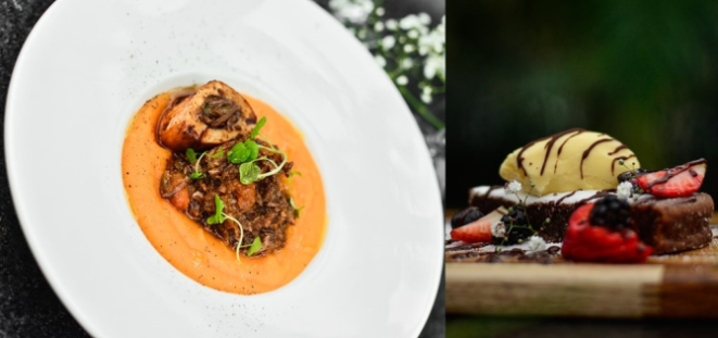 Ragu de ossobuco com creme de mandioquinha e abóbora e tutano assado (esquerda) e fudge de chocolate com frutas vermelhas e sorvete de creme (direita). Foto: Jennyfer Almeida