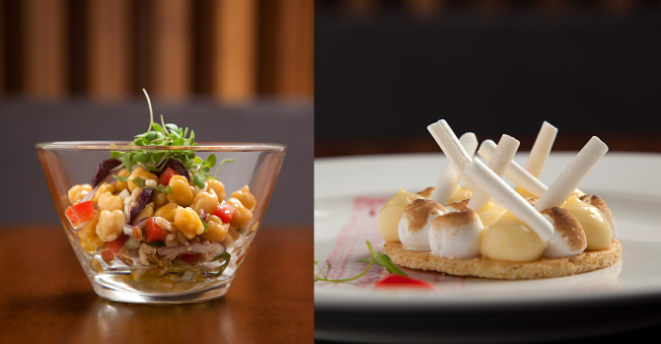 Salada de grãos, uma das opções da entrada, e tarte citron, uma das sobremesas disponíveis. Foto