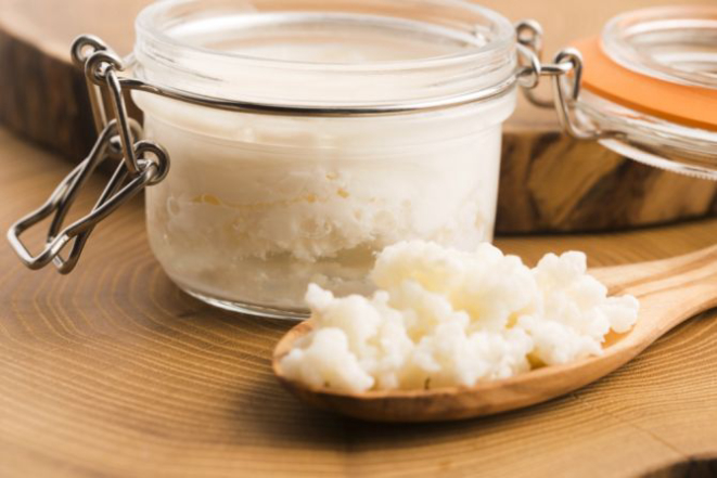 Kefir de leite, uma colônia de microrganismos (à frente) em formato de grânulos irregulares. A colônia se alimenta da lactose e fermenta o leite, que fica mais próximo de uma coalhada (ao fundo). Foto: Bigstock