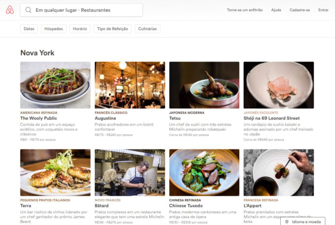 Na aba "restaurantes", o Airbnb agora faz reservas em cerca de 650 estabelecimentos norte-americanos. Foto: Divulgação/Site Airbnb