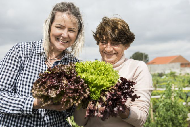 A chef Vania Krekniski e a corrdenadora da horte Lenita Ferreira: troca de receitas. Foto: Letícia Akemi/ Gazeta do Povo