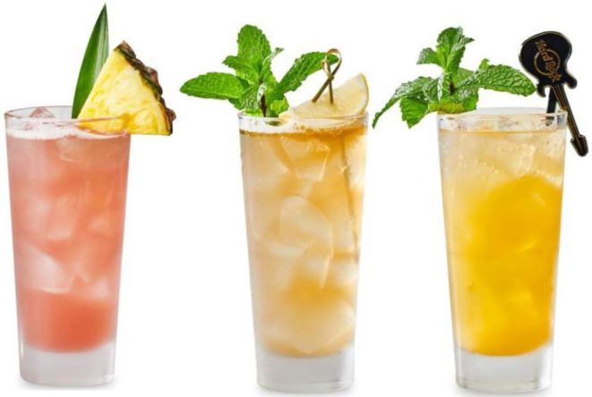 Os três novos drinks do menu sazonal do Hard Rock Cafe, sendo o último sem álcool. Foto: divulgação.