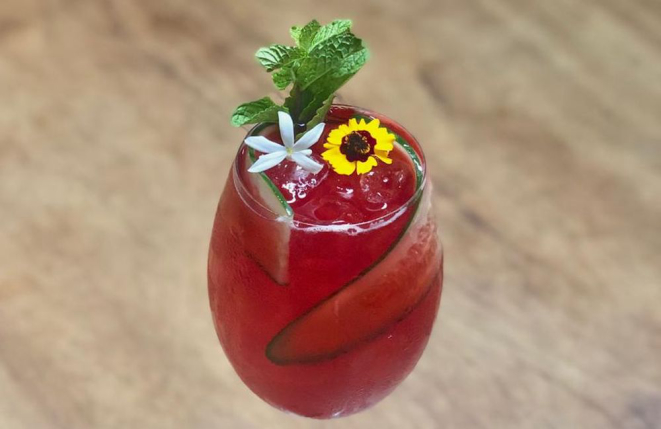 Gin de framboesa com pepino e flores panc. Foto: divulgação.