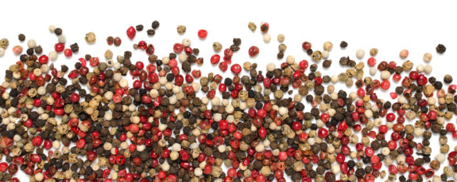 Pimentas verde, branca e preta, da planta Piper nigrum. A pimenta rosa é fruto da aroeira-mansa, uma árvore brasileira. Imagem: Bigstock